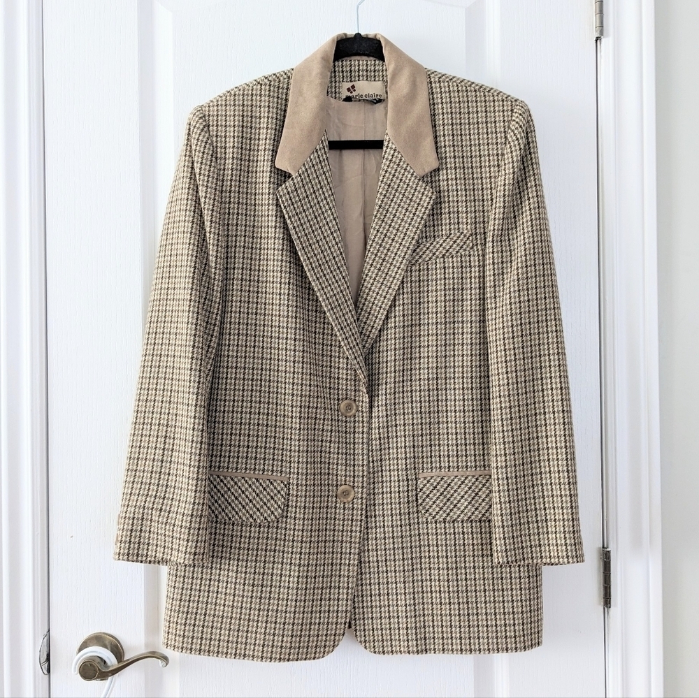 Vintage Houndstooth Blazer with Tan Collar